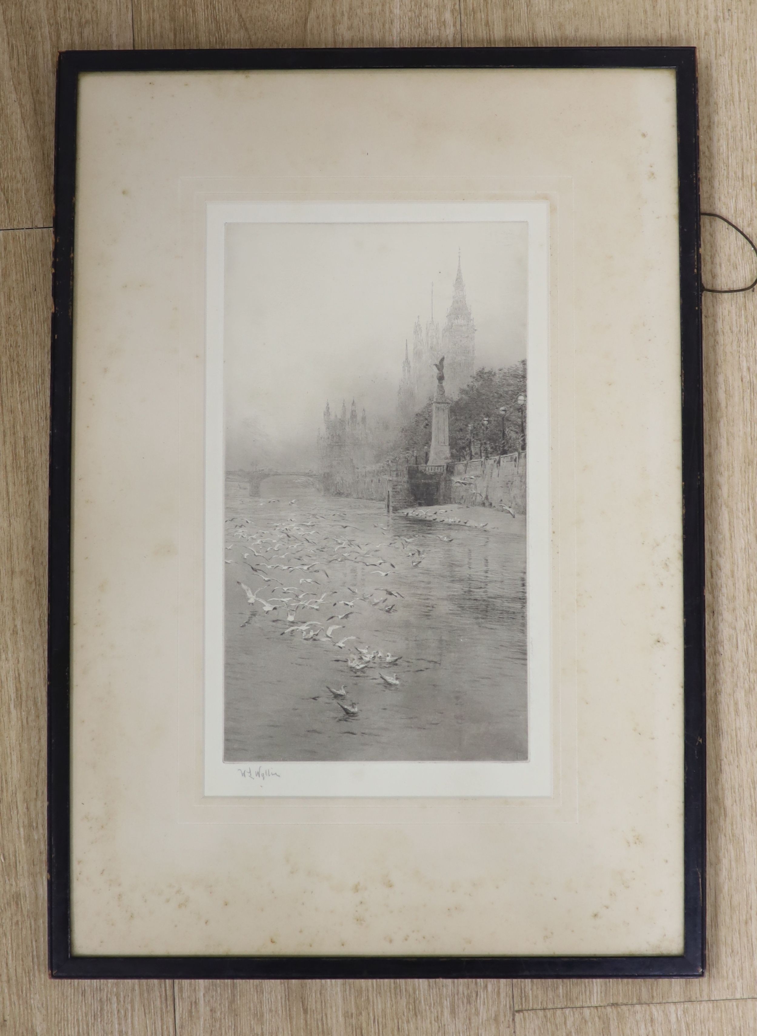 William Lionel Wyllie (1851-1931), etching, RAF Monument on the Thames towards Westminster, signed in pencil, 29 x 16cm